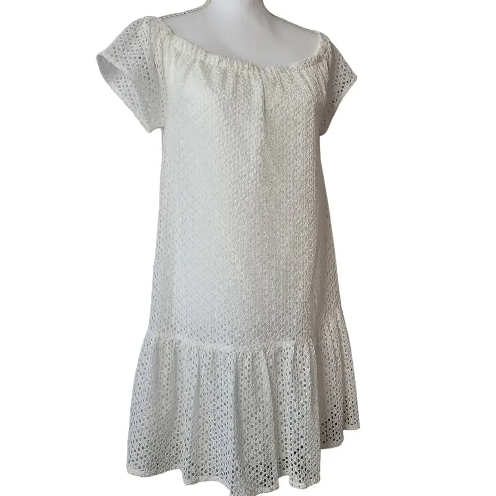 Central Park West Eyelet Dress White Ruffle Hem Cottagecore size L - Picture 1 of 8